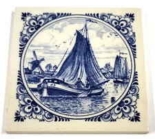 Vintage Blue Delft 3" Mini Tile Boats Windmill Scenery Schoonhoven Holland AZ269