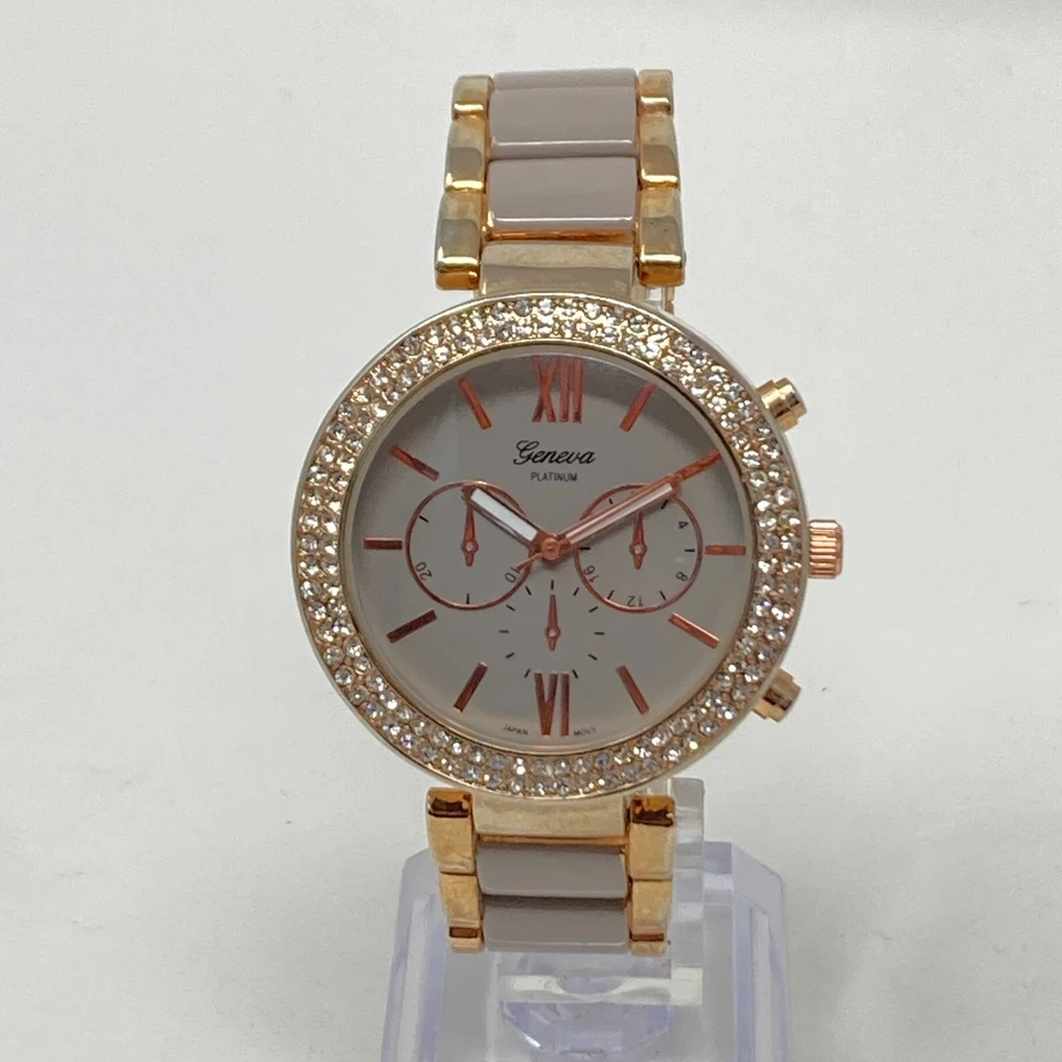 Reloj Geneva Mujer Tono Oro Rosa Gris 39mm Bling Bisel Pavé Batería Nueva 7" Foto 3 de 4