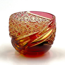 Otaru Kiriko Fukagawa glass Miyabi Gold red amber Sake cup Japan