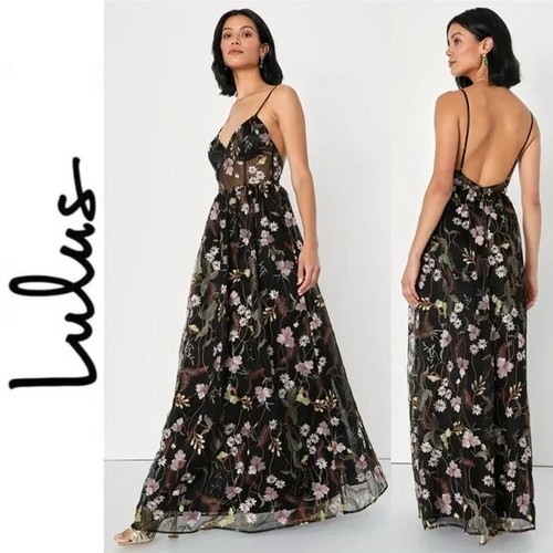 Lulus Radiant Fantasy Black Floral Embroidered Tulle Maxi Dress L NWT Dark Fairy - Picture 2 of 20