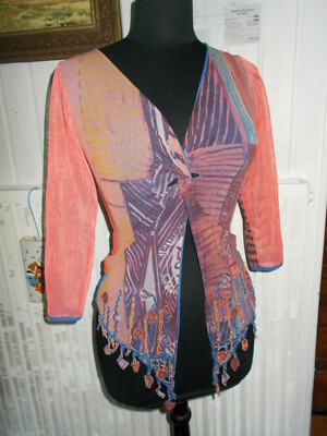 Save the Queen 3/4 Mesh Top Shirt Gr.M 34/36 Print Kreuzstickerei gefüttert blau