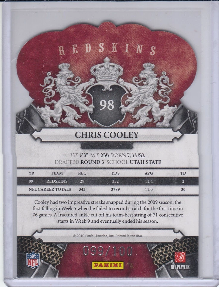 CHRIS COOLEY 2010 Crown Royale Blue #98 99/100 Redskins - Image 2 of 2