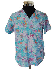 Cherokee Scrubs Top Women's Size M Multicolor Floral  Butterflies V-Neck