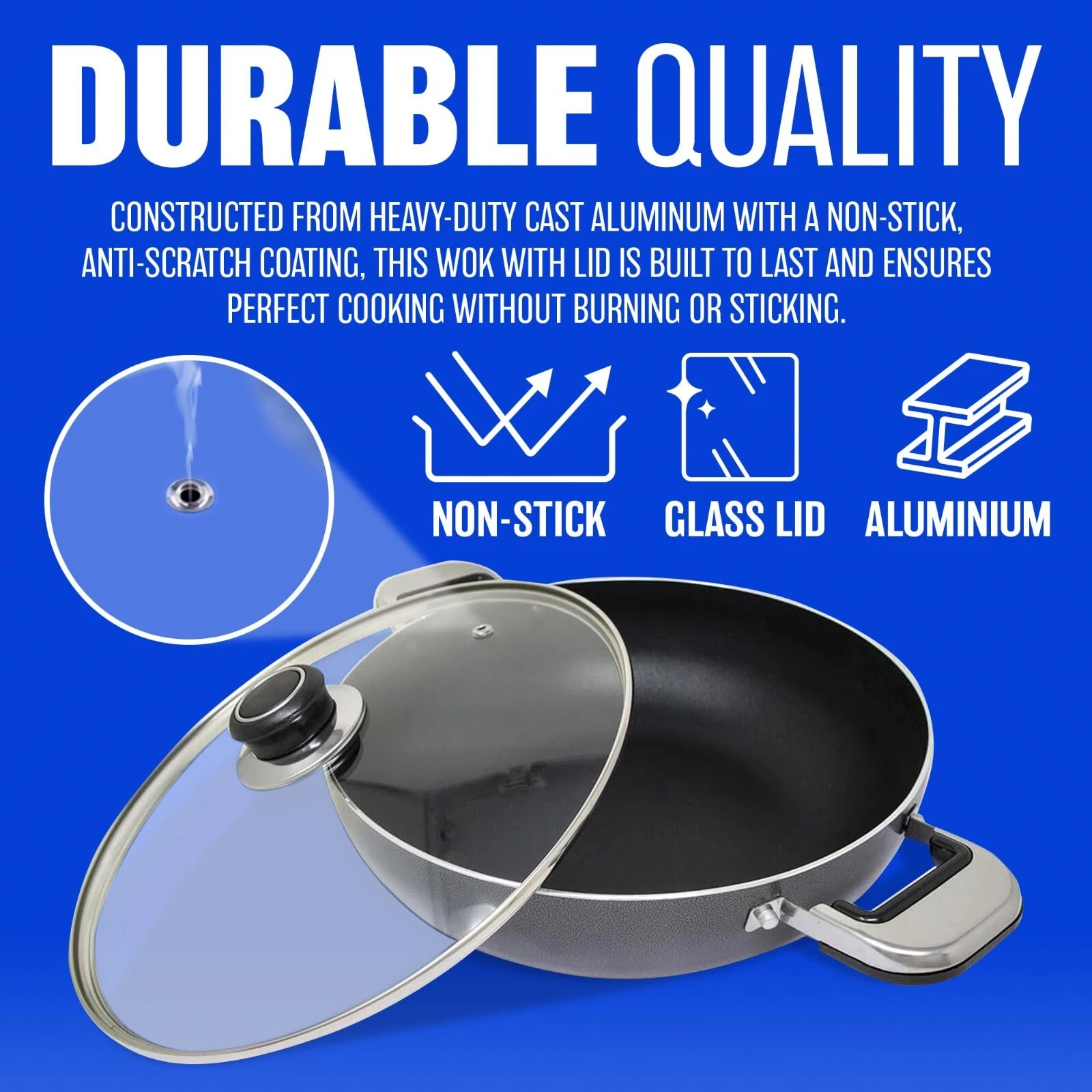 32CM NON STICK ALUMINIUM WOK SET SAUCEPAN FRYING STIR PAN CHINESE HANDLES NEW