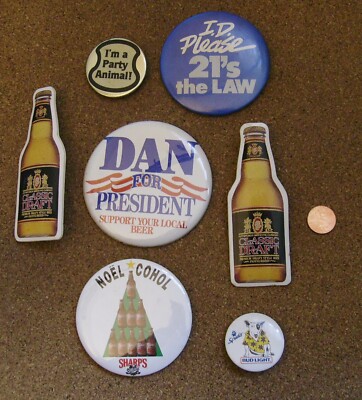 Vintage ALCOHOL RELATED Buttons Complete BEER & PARTY ANIMAL (Lot of 7)