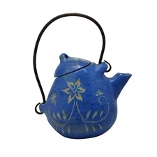 Vintage Pottery Blue Teapot signed '54 white flowers metal Damaged lid 