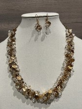 Elegant Gold Toned Clear Beaded Adjustable Necklace w/Matching Earrings