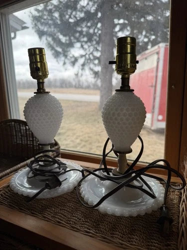 2-Vintage White  Milk Glass /Hobnail Boudoir Lamps, No Shades