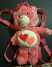 2003 Care Bear Love A Lot Bear Plush Zip Backpack Straps Pink Hearts