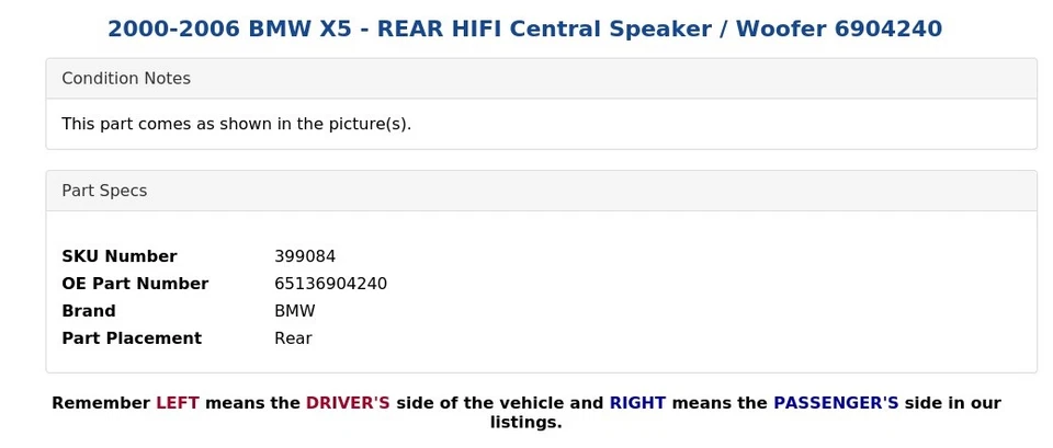 BMW X5 2000-2006 - Altavoz central trasero HIFI / Woofer 6904240 Foto 4 de 4