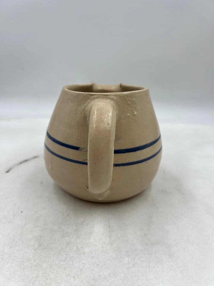 Jarra de gres vintage crema doble banda azul cobalto cerámica de granja Foto 4 de 4