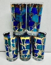 Vintage Georges Briard Highball Glass GOLD & BLUE Mosaic 1960’s 22K 1960's MCM