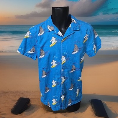 MTL Made To Live Blue Cotton Camp Shirt Polar Bears Surfing Slim Fit Hawaii Sz S