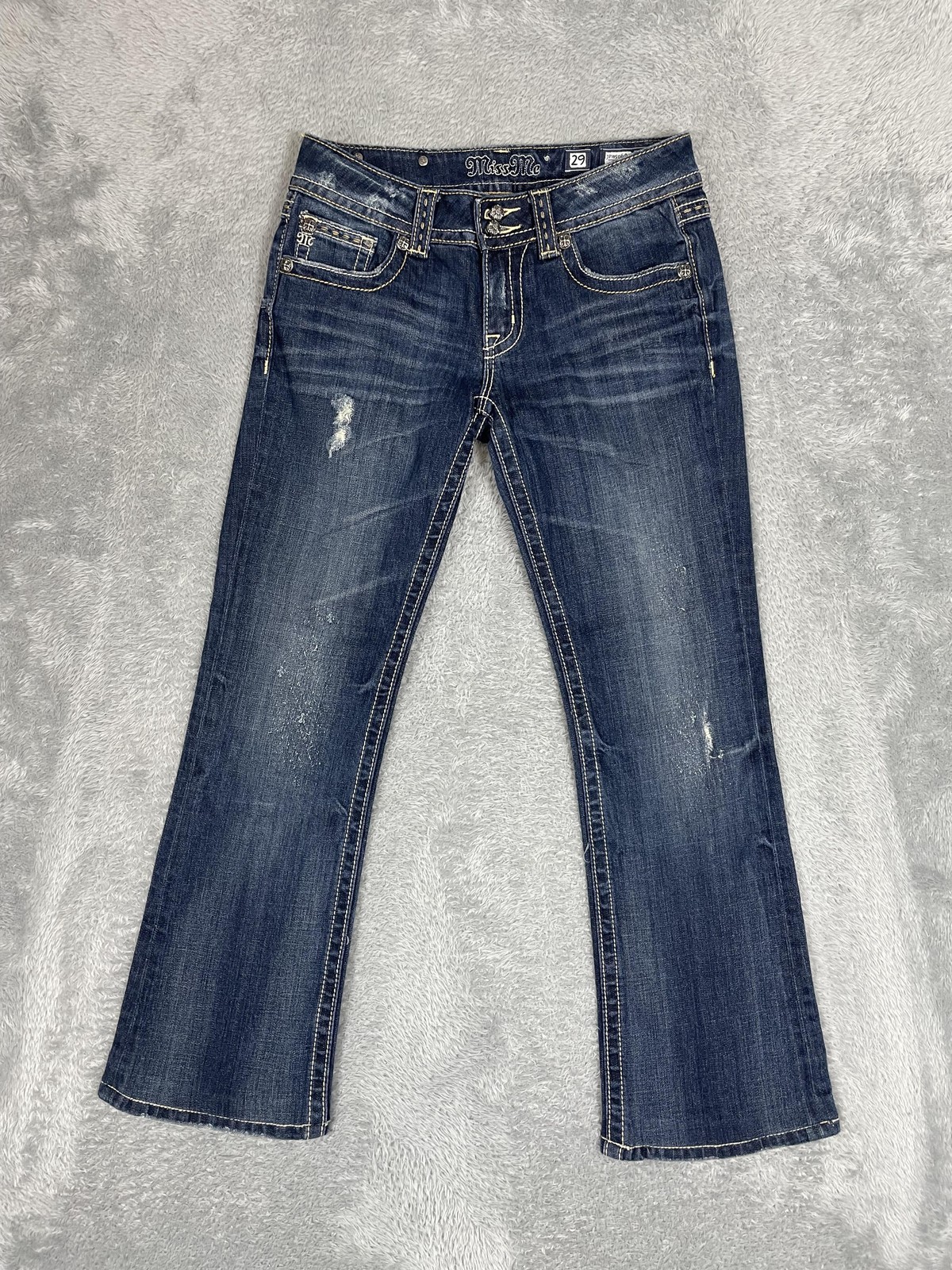 Miss Me Jeans Womens 29 Blue Bootcut JPW5069-3 Distressed Rhinestone HEMMED