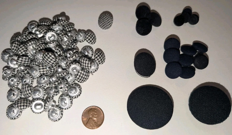 Vintage Lot 71 Houndstooth, 10 Black, 8 Navy Fabric Buttons Various Sizes Textur - Image 2 of 4