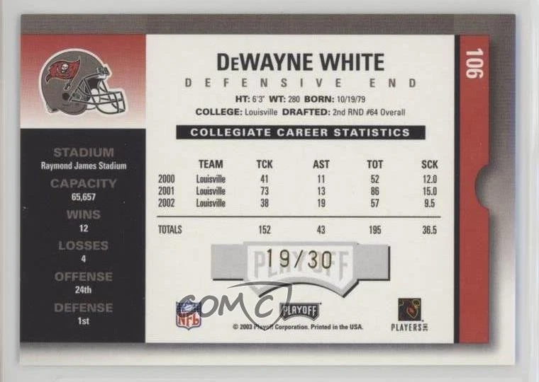 2003 Playoff Contenders Playoff Ticket /30 Dewayne White #106 Rookie Auto RC - Image 2 of 2