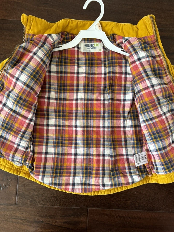 Genuine Kids By OshKosh Boys Mustard Yellow Hooded Lined Plaid Fall Coat size 3T - Image 4 of 4
