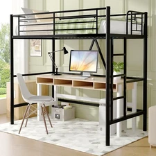 Twin Size Metal Loft Bed w/Removable Ladder and Safety Guardrail Easy Assembly