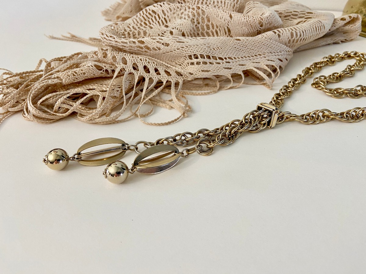 Vintage Thick Gold Tone Chain Lariat Slide Necklace with