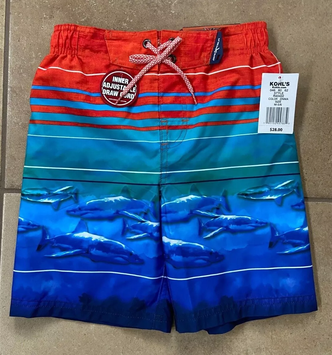 Boys ZeroXposur Surf Shorts/Swim Trunks, Size 5/6, Blue & Orange w/ Sharks