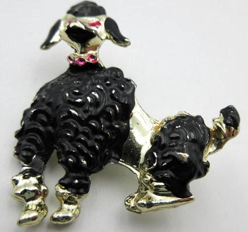 VTG Poodle Dog Brooch Pin Gold tone metal pink black ENAMEL WEAR Costume Jewelry