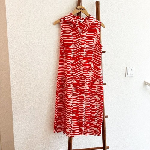 New Cabi Brushstroke Pleated Midi Dress Red White Modern #281 Size Small - Picture 2 of 16