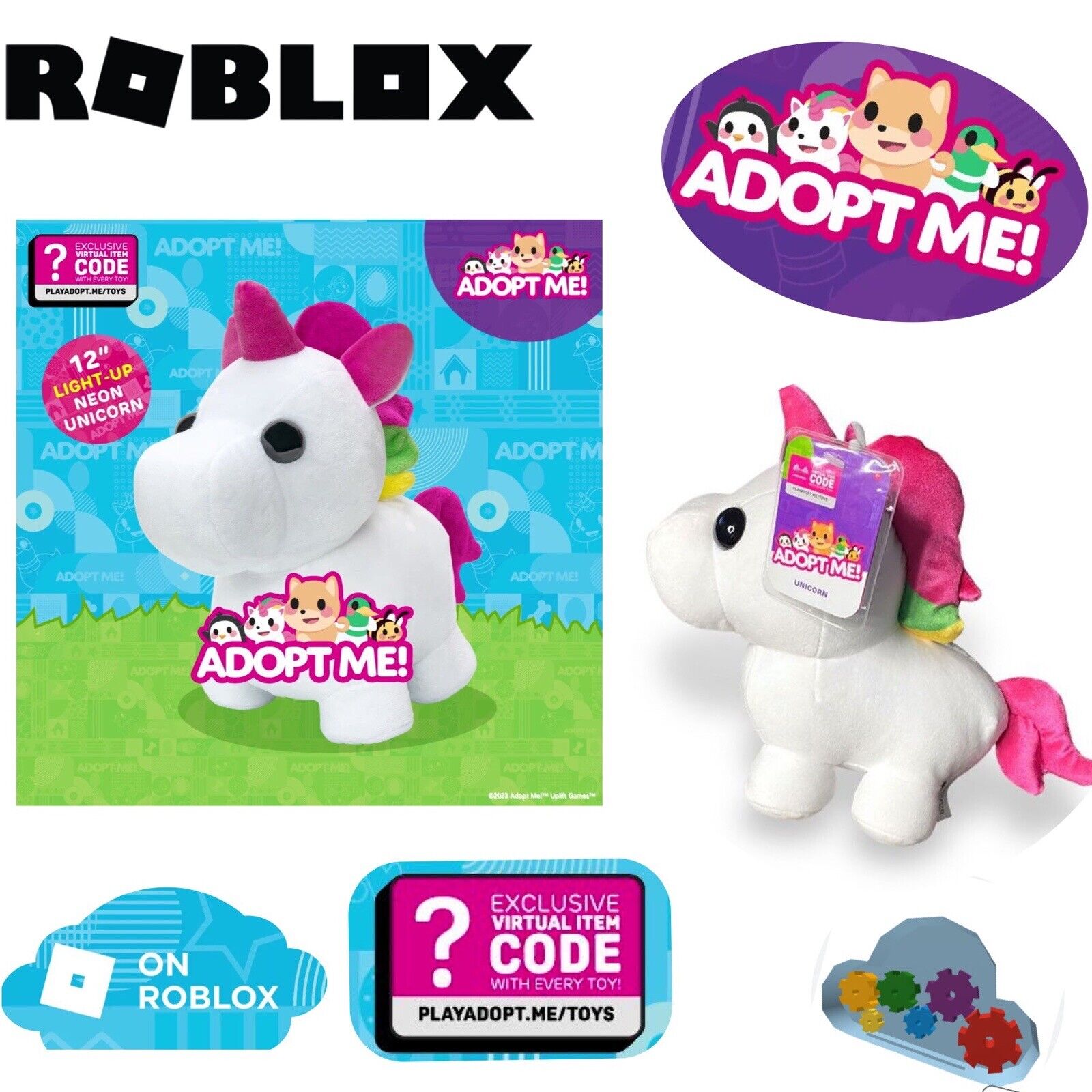 ADOPT ME! PELUCHE LUMINEUSE NEON LICORNE - DOUCE ET CÂLINE - TROIS MODES  D'ÉCLAIRAGE - DIRECTEMENT INSPIRÉE DU