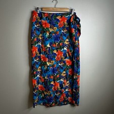 Vintage Express Skirt Womens Sz 9 Silk Blue Multicolor Floral Wrap Maxi Y2K 90s