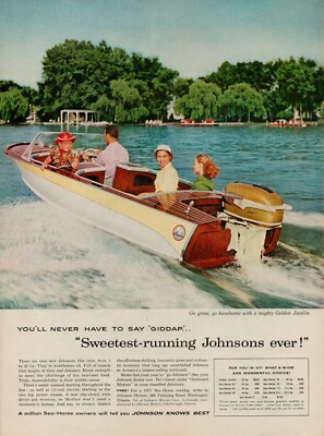 1957 Johnsons Boats Sweetest-Running Golden Javelin Family Lake Vintage Print Ad