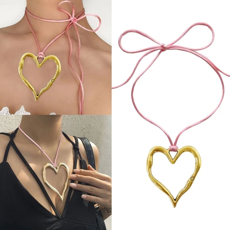 Exaggerated Big Heart Choker Neck Tie Chain Big Hollow Heart