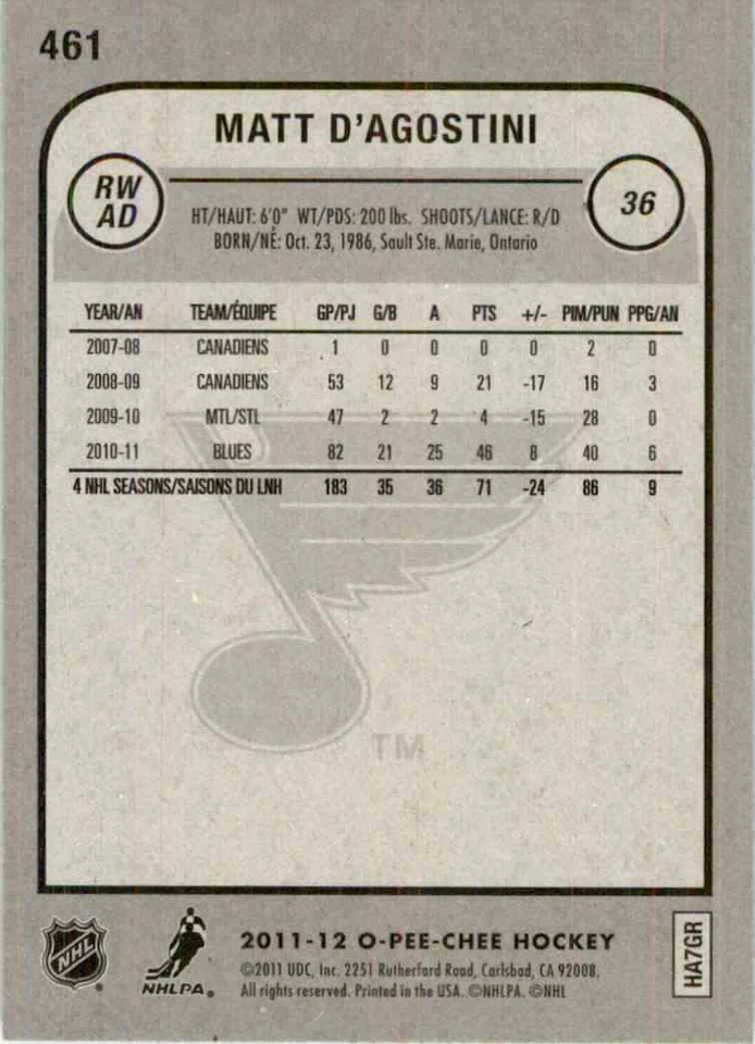 2011-12 O-Pee-Chee Matt D'Agostini #461 - Image 2 of 2