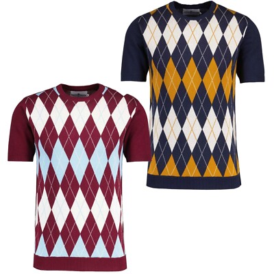  HERREN RETRO MOD 60er 70er ARGYLE NEU GESTRICKTES T-SHIRT PULLOVER MADCAP Blane MC1106