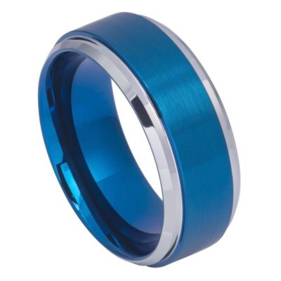 Tungsten Ring Unisex Blue IP Brushed Center High Polish Stepped/Beveled Edge 9MM