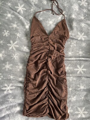 Pull and bear brown size small ruched plunge halter mini dress size Small