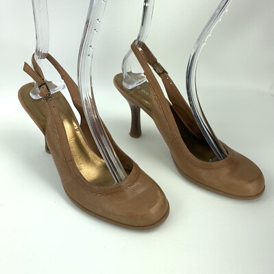 Nine West Womens Princettao Camel Tan Kitten Heel Slingback Shoes Leather  Sz