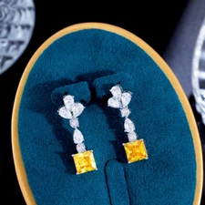 Yellow CZ Long Drop Square Dangle Earring for Women Silver Plated Trendy Jewelry