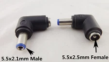 2x DC 5.5 x 2.5mm Female To 5.5 x 2.1mm Male Right Angle Power Adapter Connector