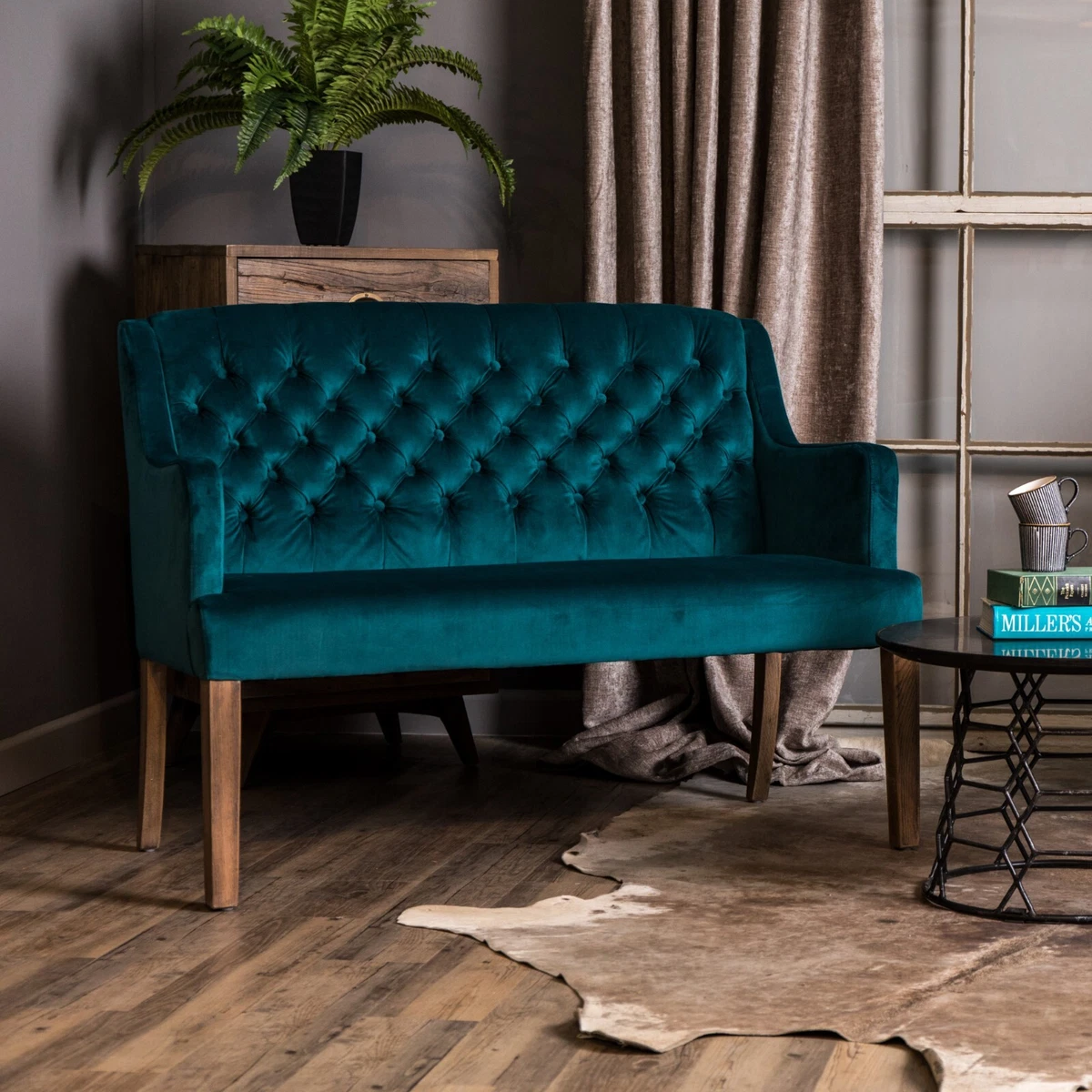 VELVET SOFA DINING BENCH 3 SEATER TEAL VELVET SOFA COUCH BUTTON BACK SOFA
