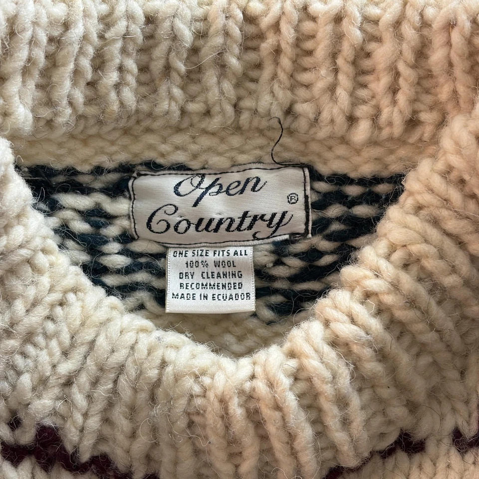 Open Country Wool Sweater One Size Cream Black Knit Fair Isle Chunky Ecuador - Image 2 of 4