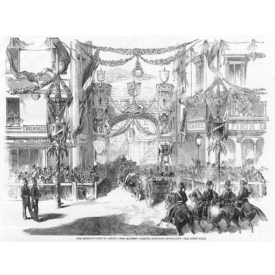 LEEDS Queen Victoria Royal Cortege durch die Wildschweingasse - antiker Druck 1858