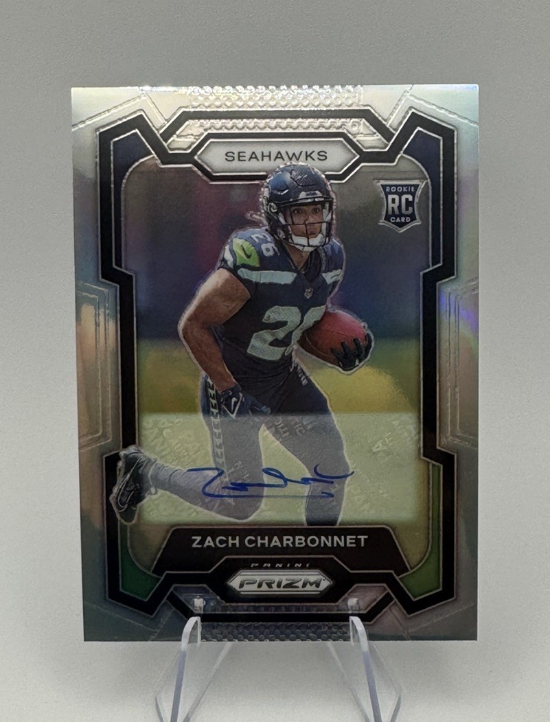 2023 Panini Prizm Zach Charbonnet RC Auto Holo Silver #392 Seahawks