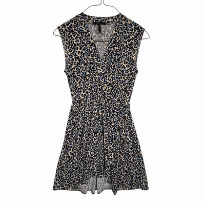 BCBG MaxAzria High Low Wrap Leopard Print Dress Tan Blue Size Small