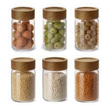 6-Pack 8 fl oz Stackable Airtight Glass Jars with Acacia Wood Lids Sticker...