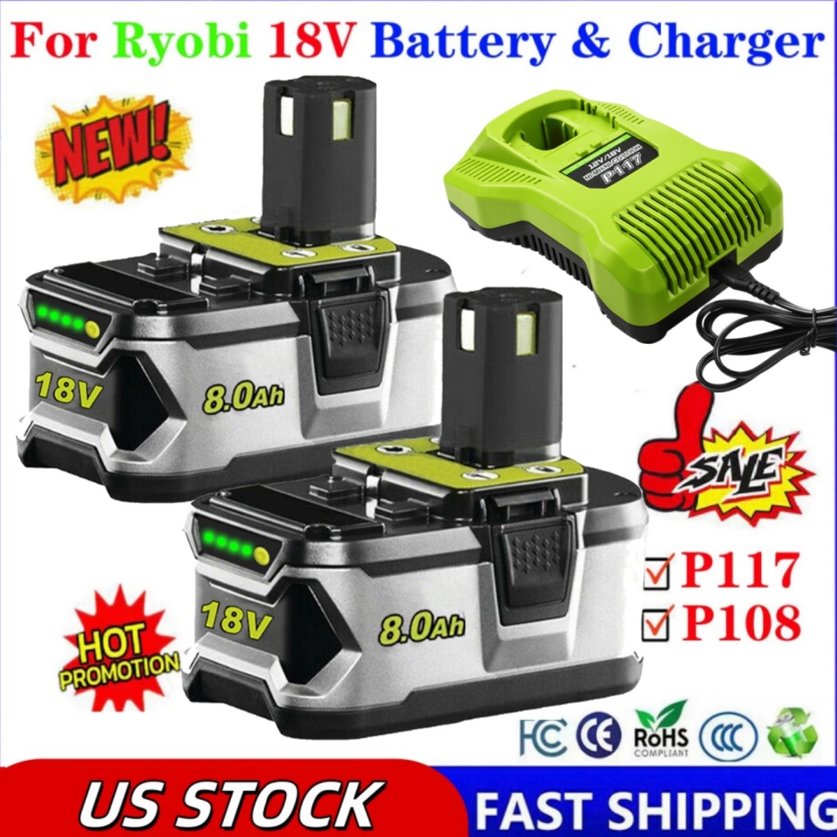 PACK For RYOBI P108 18V 6.0Ah High Capacity Battery 18Volt Lithium-Ion One Plus