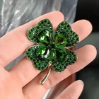 Shamrock Green Rhinestone 4 Leaf Clover Vintage Gold Brooch Pin Jewelry Gift