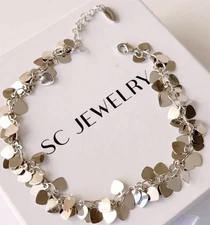 Heart Sequin Anklet Silver Tone Platinum Plated Luxury Jewelry
