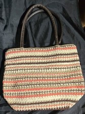 Woven Straw Tote Handbag Brown Cream Coral Striped Purse Vinyl Handles