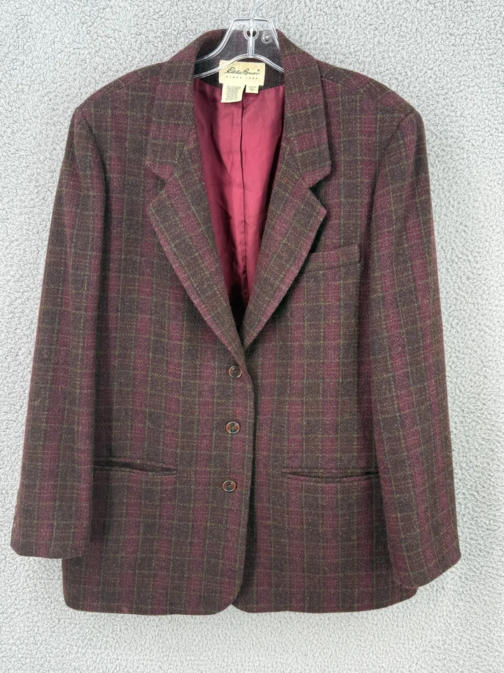 Mujer XL Eddie Bauer Borgoña Cuadros Tartán 100% Lana Blazer Chaqueta Abrigo Foto 2 de 4
