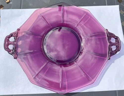 Vintage Amethyst Purple Color Glass Cake Plate Serving Platter with Handles 14”