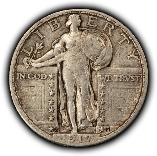 1917-S 25c Standing Liberty Silver Quarter Luster - Luster - Type 2 - XF - Y6384